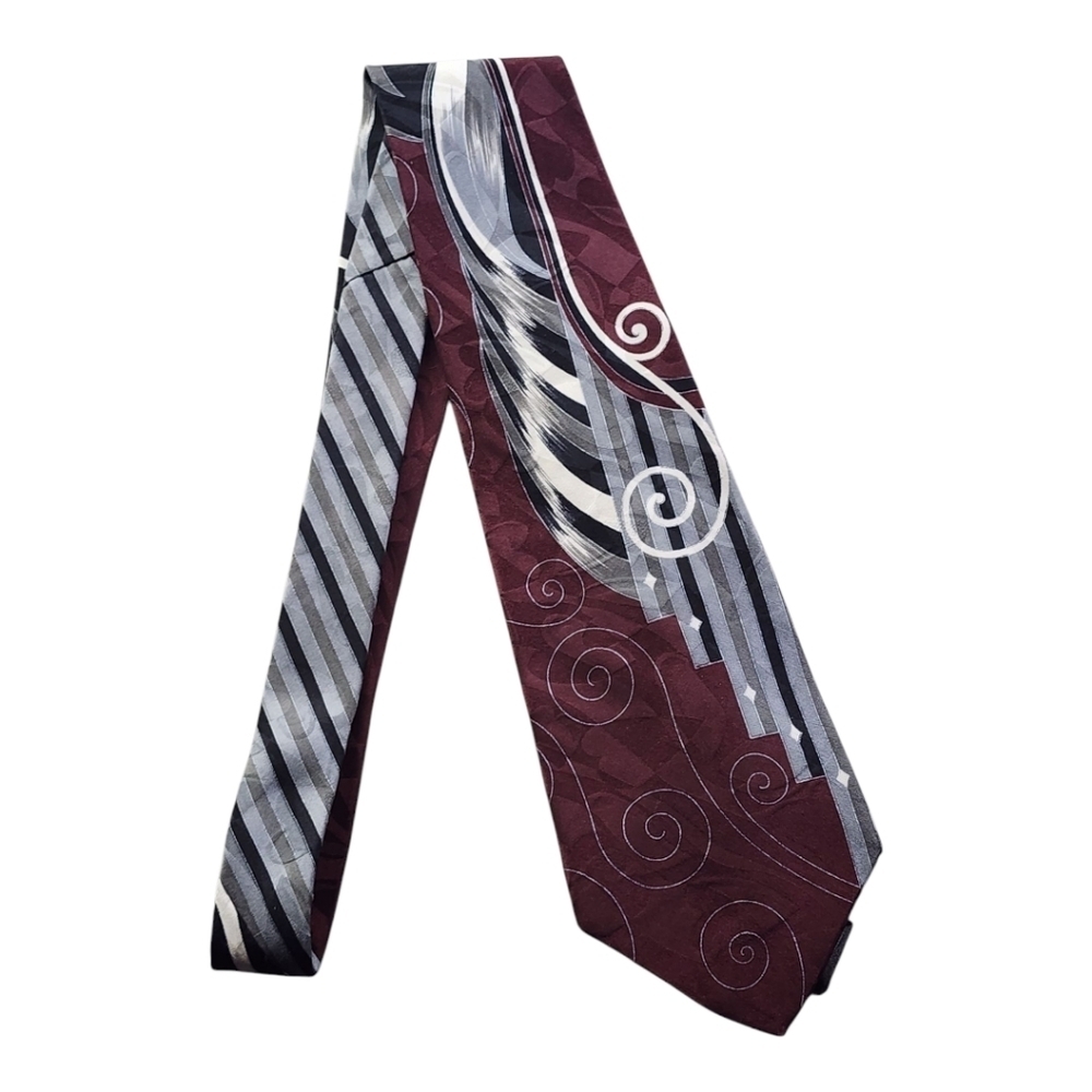 Gianfranco Ruffini Italy 100% Silk Geometric Print Tie Maroon Gray Black